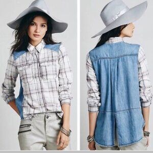 Free people Road Trip Getaway button up shirt flannel plaid chambray NEW L